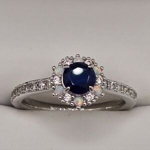 Bomb Party Silver Opal Blue Gemstone Ring Size 10